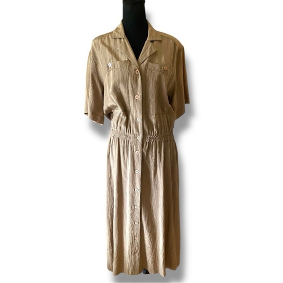 Vintage Regina Porter Shirt Dress Elegant Brown Button-Down Midi Tri-Acetate (M) - Picture 5 of 13